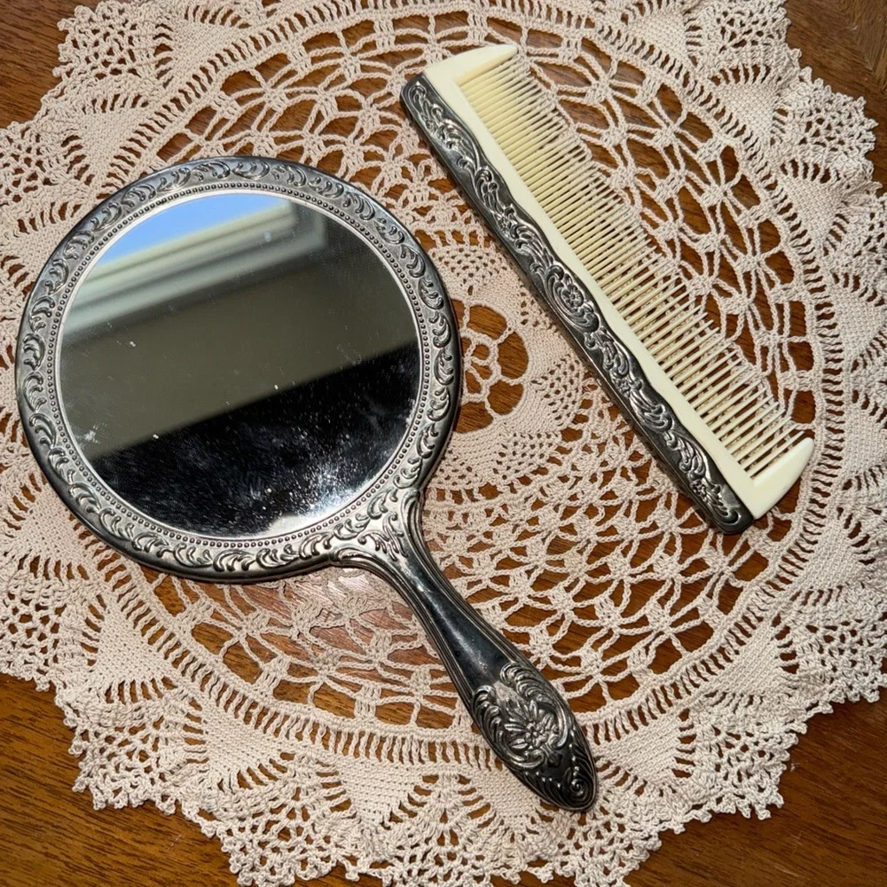 Vintage Silverplate Vanity Mirror Floral Design Heavy With Comb